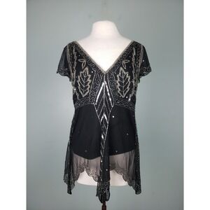 VTG Scala Womens L Beaded Y2K Camisole Top Fairy Whimsical Sequins Sparkly Black